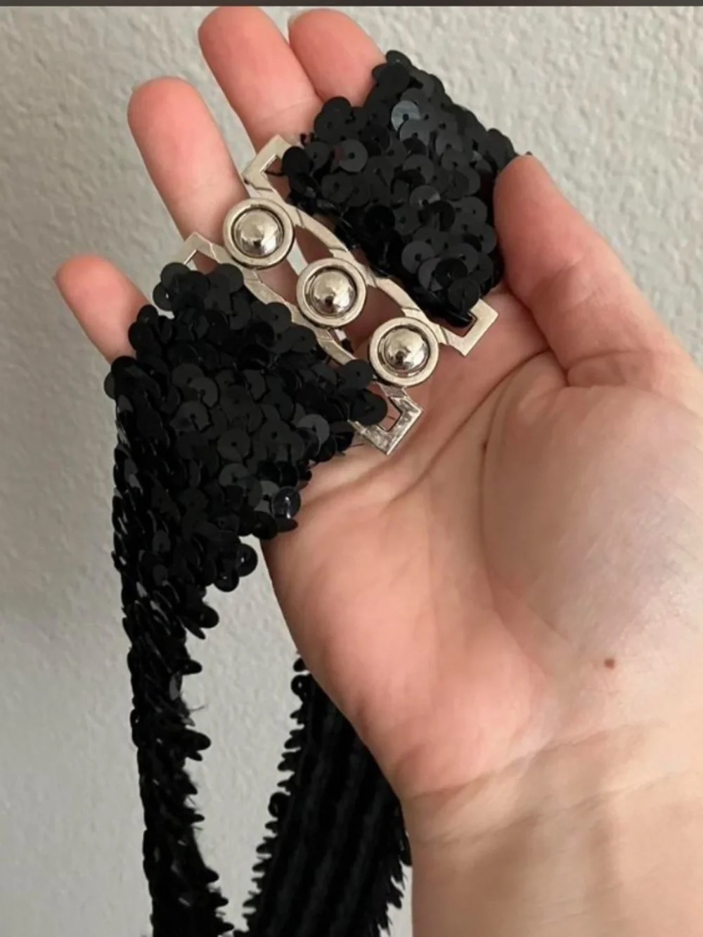 Black Sequin Stretch Belt with Silver Clasp